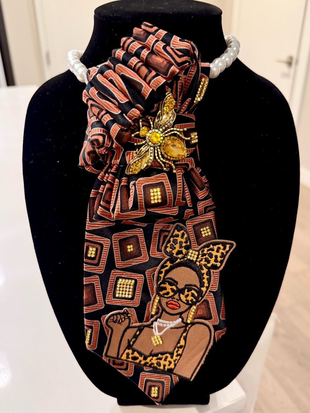 Stylish Brown, Orange, Black Statement TIE NECKLACE w Lady in Leopard